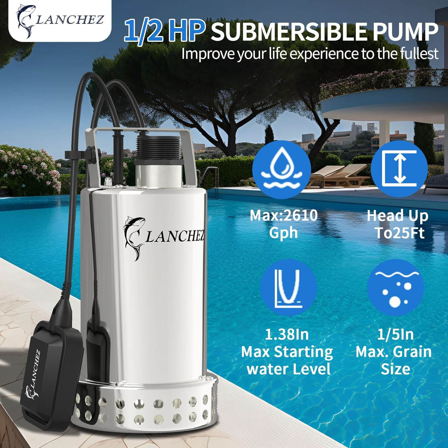Submersible Water Pump 1/2HP 2610GPH